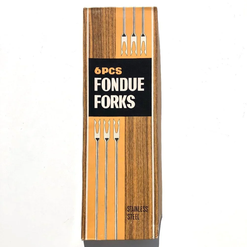 Vintage Fondue Forks Set of 6 Stainless Steel Wood Handles MCM Retro Japan color